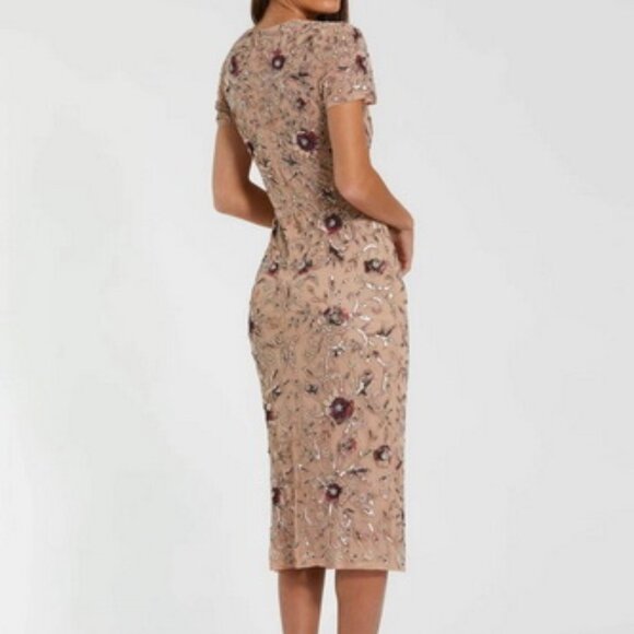 Mac Duggal Mocha Beige Floral Embellished Short Sleeve Midi Dress - Picture 2 of 3